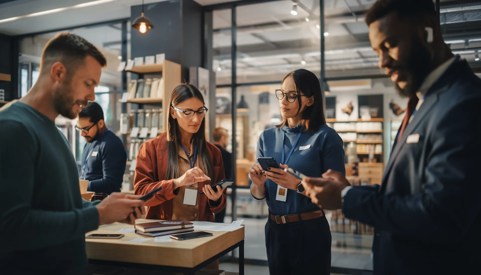 Several people in a business environment interacting with their phones