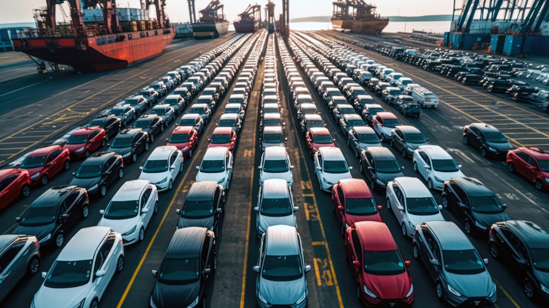Aerial view of new cars awaiting export at a shipping port
