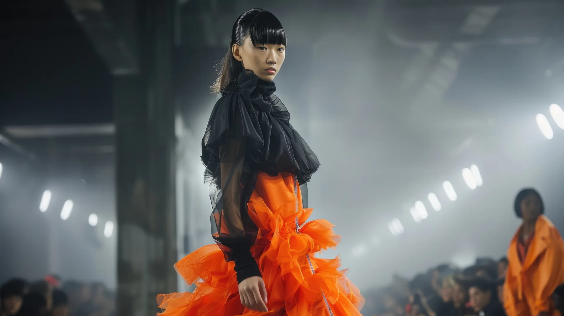 Runway model in black tulle and orange ruffle skirt