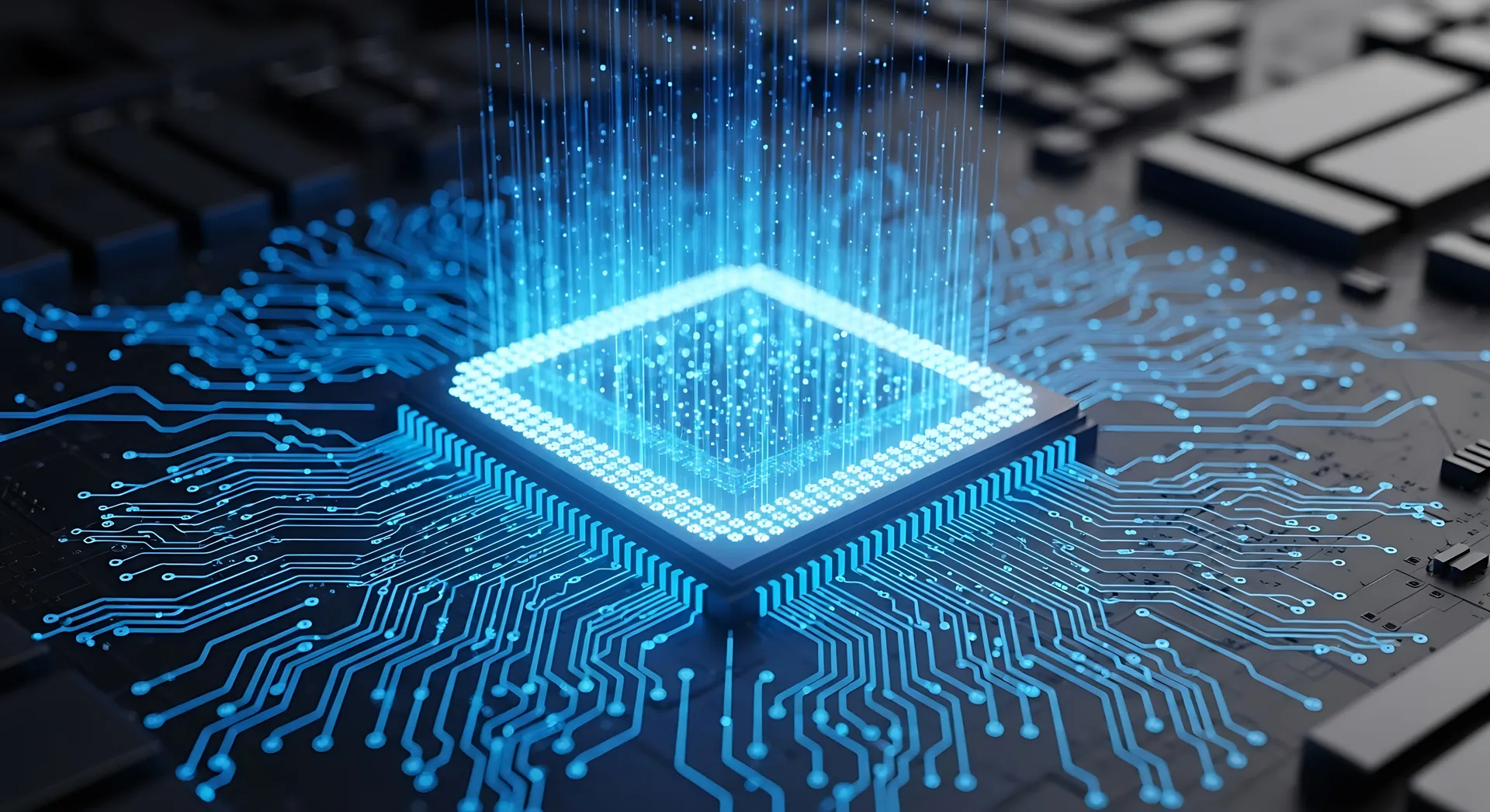 Glowing processor chip on blue circuit board